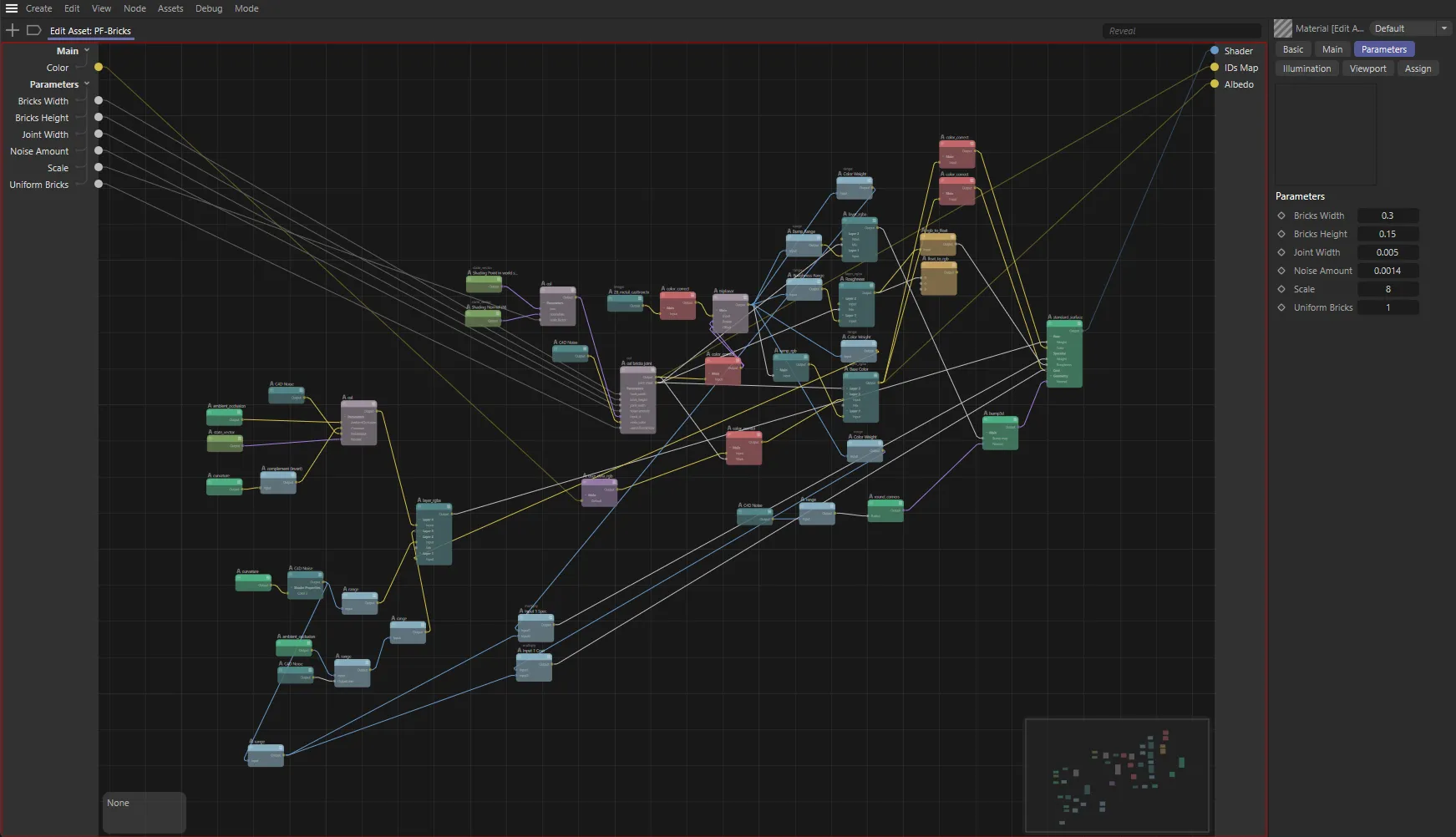 Vue d'ensemble du matériau PF-Brick dans Cinema 4D avec ses paramètres personnalisés exposés